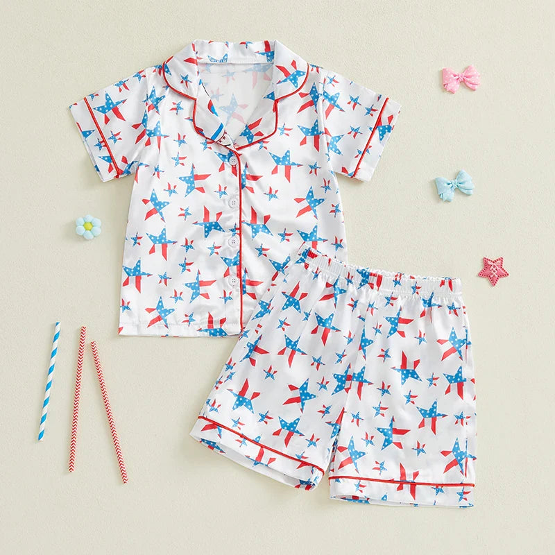 Toddler Girls Patriotic Pajamas Set Summer Star/Bow Print Button up Short Sleeves Shirt with Elastic Shorts for Loungewear