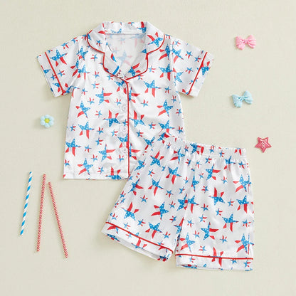 Toddler Girls Patriotic Pajamas Set Summer Star/Bow Print Button up Short Sleeves Shirt with Elastic Shorts for Loungewear