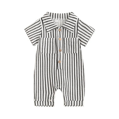 Baby Boy Striped Romper Short Sleeve Front Pocket Single-breasted Button Collar Legs Jumpsuit