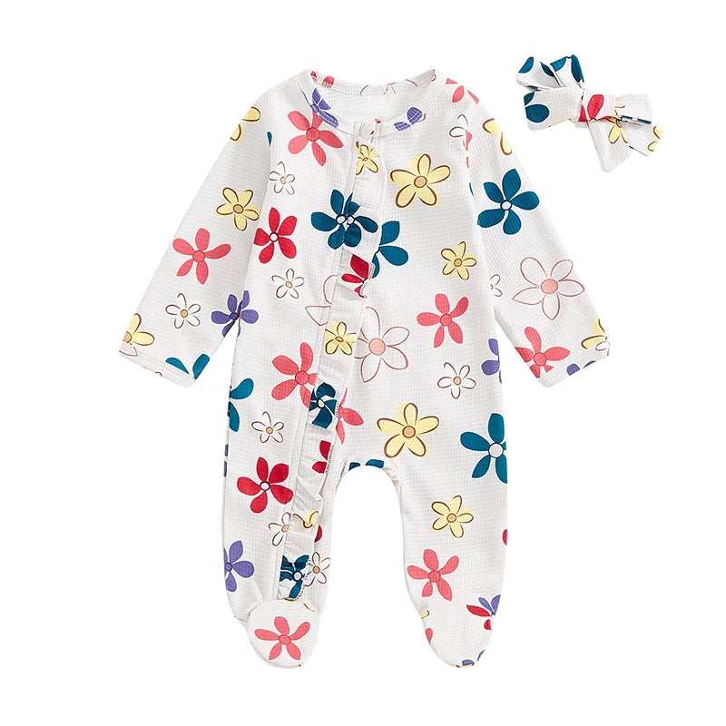 Baby Girls 2Pcs Long Sleeve Strawberry Flower Butterfly Print Frills Zipper Footies Jumpsuit and Headband Romper Set