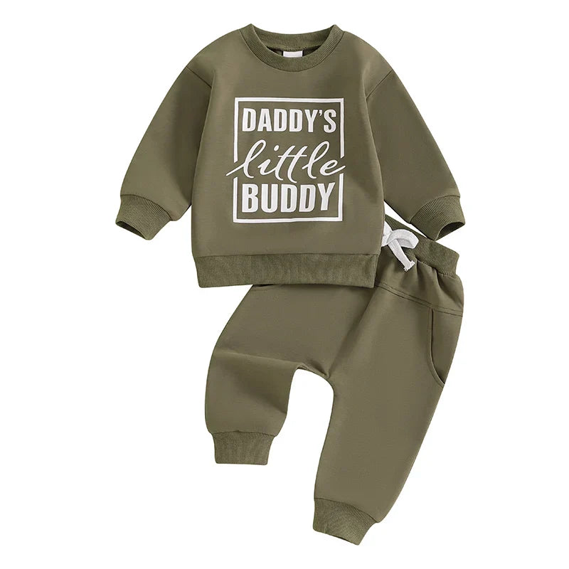 Baby Toddler Boys 2Pcs Daddy's Little Buddy Jogger Set Long Sleeve Letters Print Top with Elastic Waist Pants Outfit
