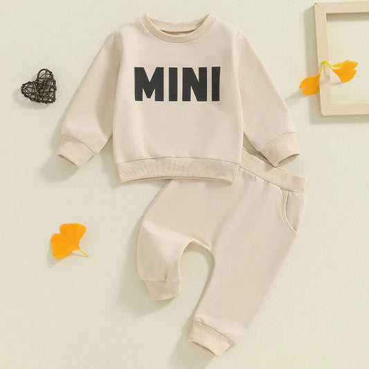 Baby Toddler Boys Girls MINI Set Letter Print Long Sleeve Round Neck Top Pockets Long Pants Outfit