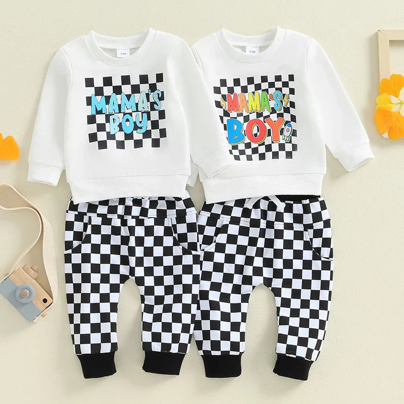 Baby Toddler Boys 2Pcs Mama's Boy Checkered Set Letter Print Long Sleeve Round Neck Top with Pocket Long Pants Outfit