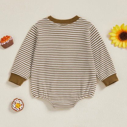 Baby Boy Fall Bubble Romper Casual Digger Tractor Embroidery Striped Long Sleeve Jumpsuit Infant Cute Outfit