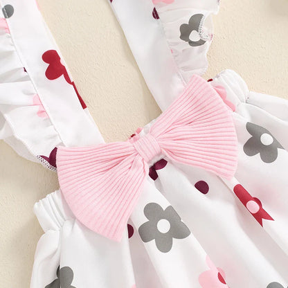 Baby Girls 3Pcs Fall Outfit Long Sleeve Ribbed Romper + Bow Suspender Flower Print Skirt + Headband Set