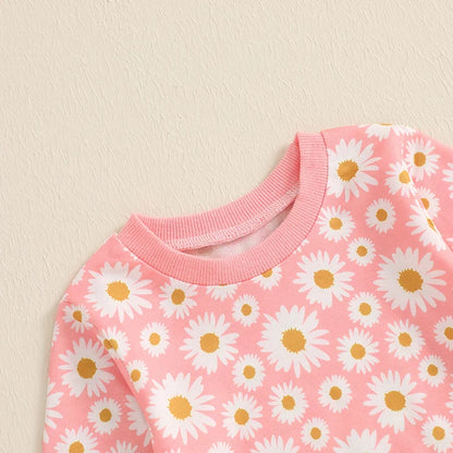 Baby Toddler Girls 2Pcs Fall Outfit Daisy Flower Print Long Sleeve Crewneck Top and Elastic Pants Jogger Set