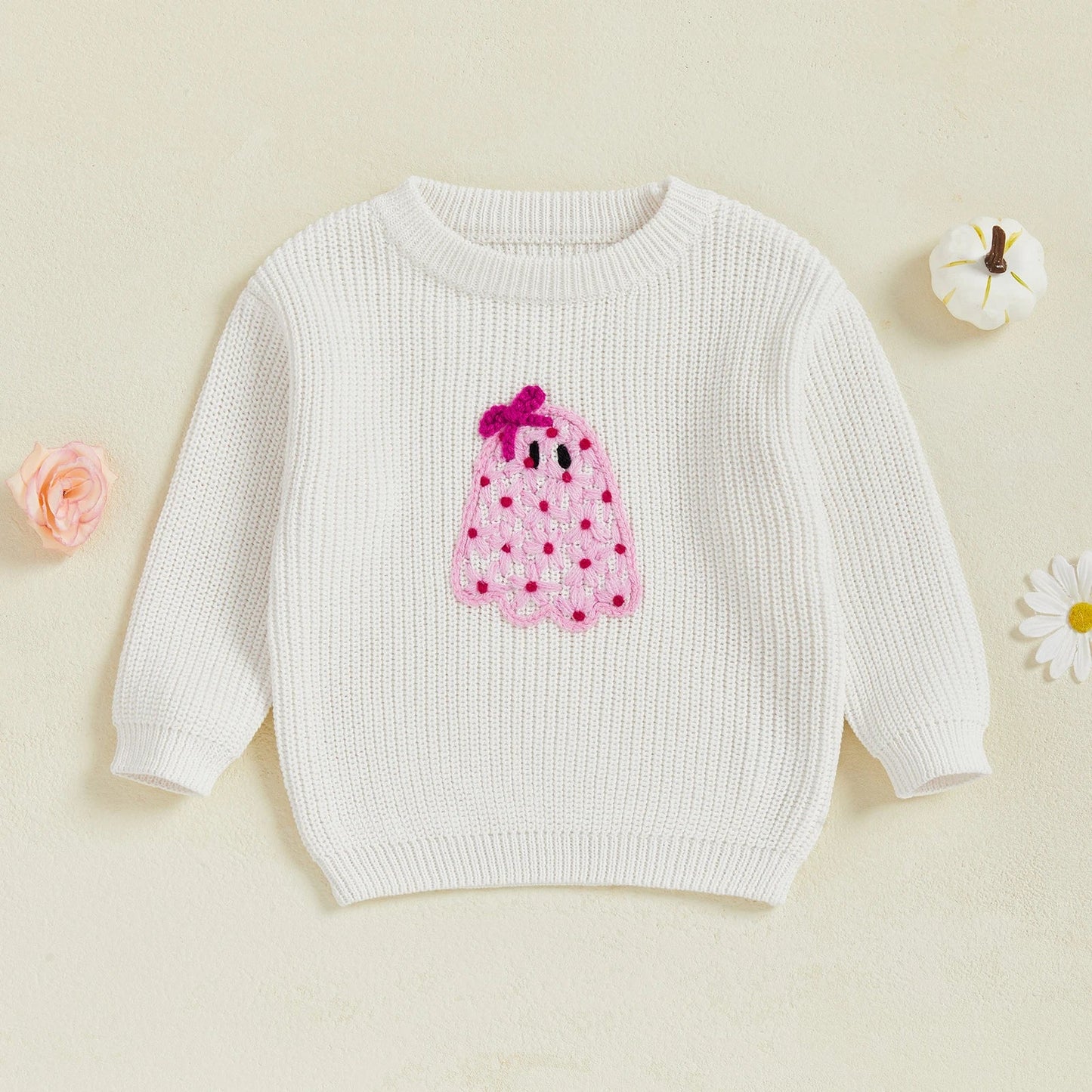 Baby Toddler Kids Girl Halloween Sweater Long Sleeve Round Neck Ghost Flower Embroidery Knit Pullover Top