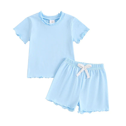 Baby Toddler Kids Girls 2Pcs Short Sleeve Crew Neck Ruffle Sleeve Top with Elastic Waist Shorts Outfit Set