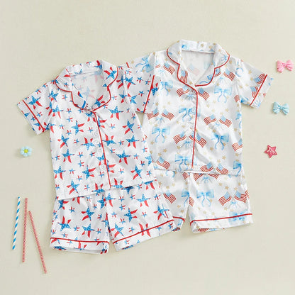 Toddler Girls Patriotic Pajamas Set Summer Star/Bow Print Button up Short Sleeves Shirt with Elastic Shorts for Loungewear