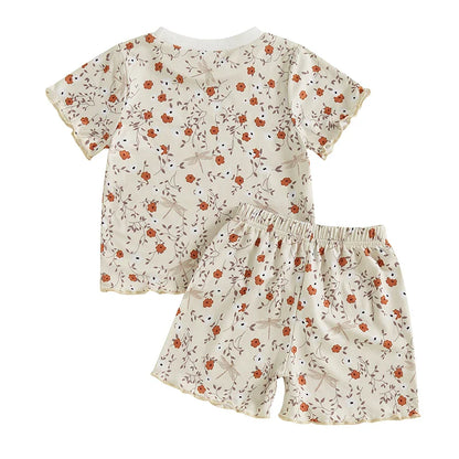 Baby Toddler Girls 2Pcs Set Floral Print Lettuce Trim Short Sleeve T-shirt Top Elastic Waist Shorts Summer Clothes Outfit