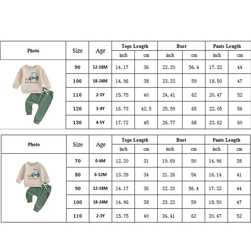 Baby Toddler Boys 2Pcs Big / Little Brother Matching Siblings Autumn Outfit Long Sleeve O Neck Letter Tractor Print Top Solid Color Pants Set