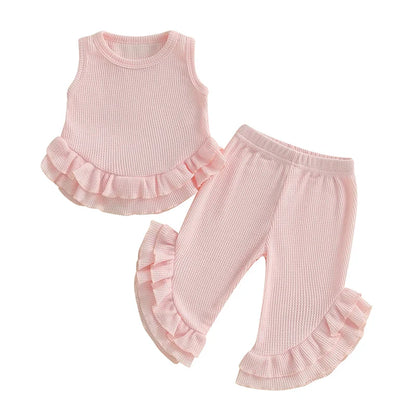 Baby Toddler Girl 2Pcs Summer Outfit Solid Waffle Round Neck Ruffled Tank Top with Long Pants Set