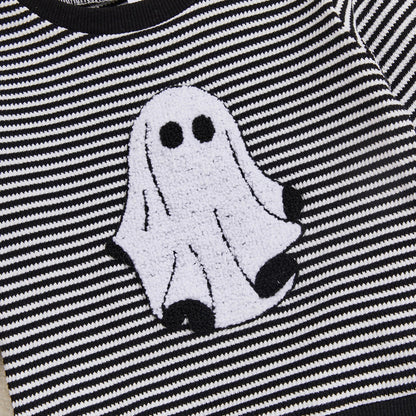 Baby Toddler Boys 2Pcs Halloween Outfit Ghost Embroidery Striped Long Sleeve Top and Elastic Pants Clothes Set
