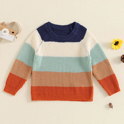 Baby Toddler Boys Girls Sweater Casual Contrast Color Stripes Warm Knitted Long Sleeve Pullover Top
