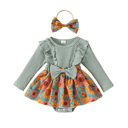 Baby Toddler Girls 2Pcs Fall Outfit Flower Print Ruffle Trim Long Sleeve Romper Dress Skirt Bow Headband Set