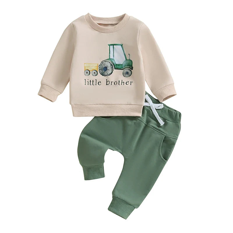 Baby Toddler Boys 2Pcs Big / Little Brother Matching Siblings Autumn Outfit Long Sleeve O Neck Letter Tractor Print Top Solid Color Pants Set