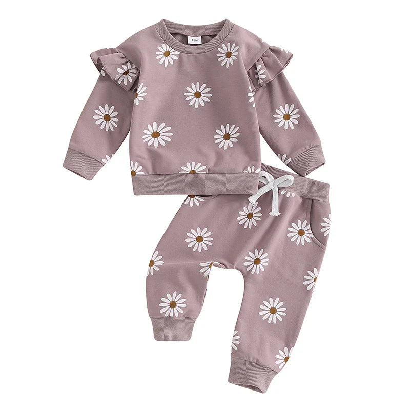 Baby Toddler Girls 2Pcs Fall Outfit Daisy Flower Print Long Sleeve Top with Elastic Waist Pants Set