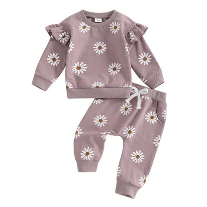Baby Toddler Girls 2Pcs Fall Outfit Daisy Flower Print Long Sleeve Top with Elastic Waist Pants Set