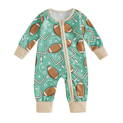 Baby Boy Long Sleeve Romper Football Print Front Zipper Jumpsuit Fall