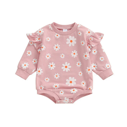 Baby Girl Bubble Romper Flower Daisy Print Round Neck Long Sleeve Jumpsuit