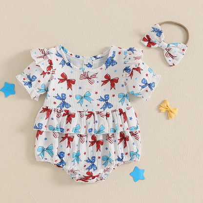 Baby Girl 2Pcs 4th of July Outfit Love Heart Star Pattern Ruffled Crew Neck Short Sleeve Romper & Bow Headband Set