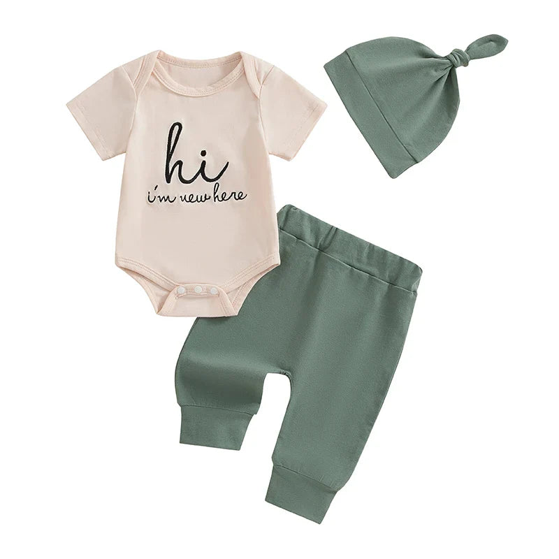 Baby Girl Boy 3Pcs Hi I'm New Here Outfit Letter Embroidery Short Sleeve Romper Elastic Waist Long Pants Hat Clothes Set