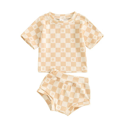 Baby Toddler Girls 2Pcs Summer Set Short Sleeve Checkerboard Flower Print Top Shorts Bloomers Outfit