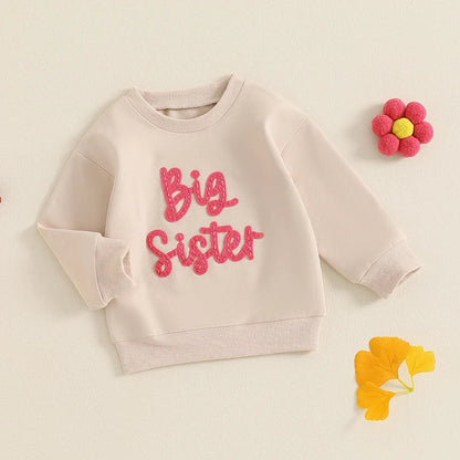 Toddler Kids Girls Big Sister Long Sleeve Crewneck Letter Embroidery Loose Fit Pullover Top