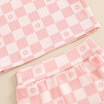 Baby Toddler Girls 2Pcs Summer Set Short Sleeve Checkerboard Flower Print Top Shorts Bloomers Outfit