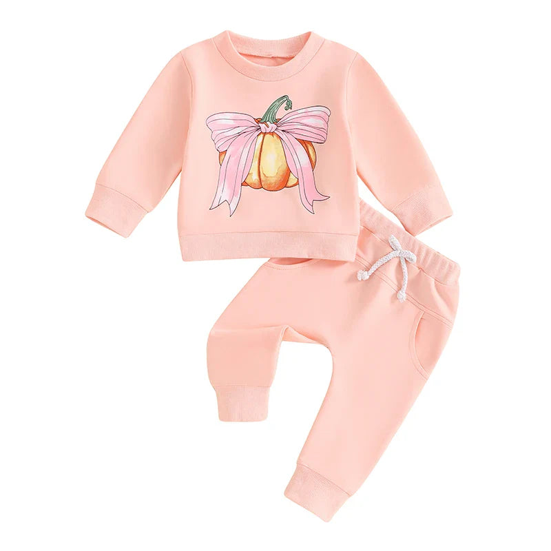 Baby Toddler Girls 2Pcs Halloween Outfit Bow Pumpkin Print Long Sleeve Top and Elastic Pants Set