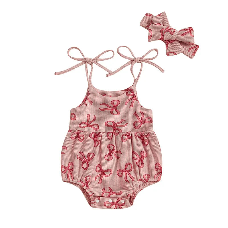 Baby Girls 2Pcs Summer Romper Sleeveless Tank Tie Strap Bow Print Jumpsuit with Headband Set