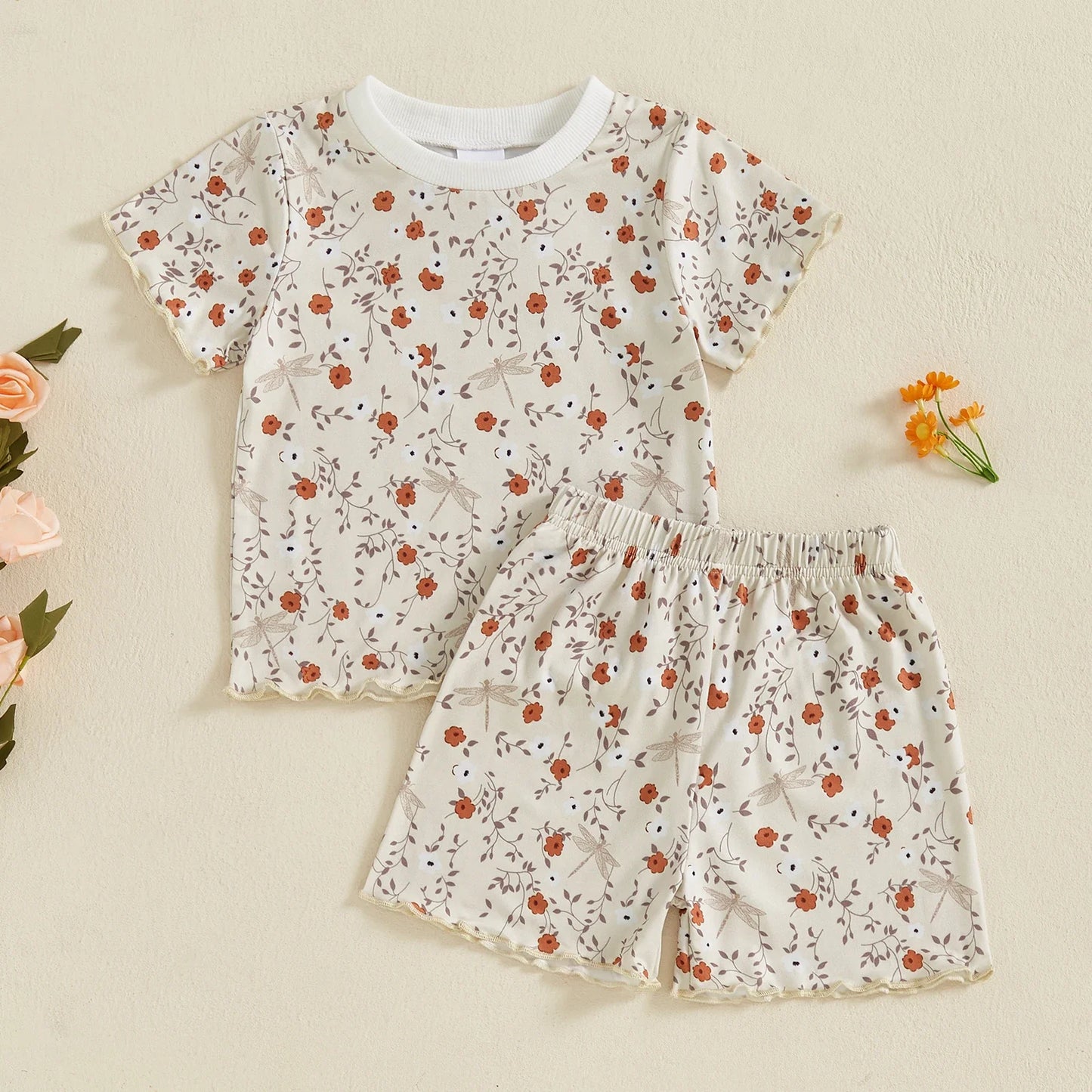 Baby Toddler Girls 2Pcs Set Floral Print Lettuce Trim Short Sleeve T-shirt Top Elastic Waist Shorts Summer Clothes Outfit