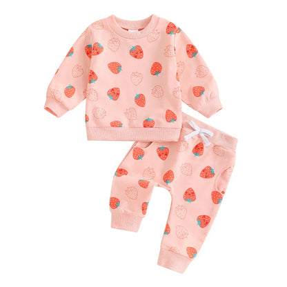 Baby Toddler Girls 2Pcs Fall Strawberry Print Outfit Long Sleeve Top Elastic Waist Pants with Pockets Set