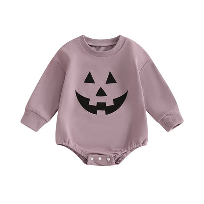 Baby Girls Boys Halloween Romper Casual Pumpkin Jack O Lantern Face Print Round Neck Long Sleeve Jumpsuit
