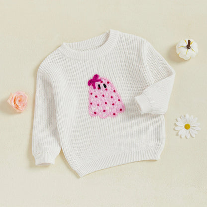 Baby Toddler Kids Girl Halloween Sweater Long Sleeve Round Neck Ghost Flower Embroidery Knit Pullover Top