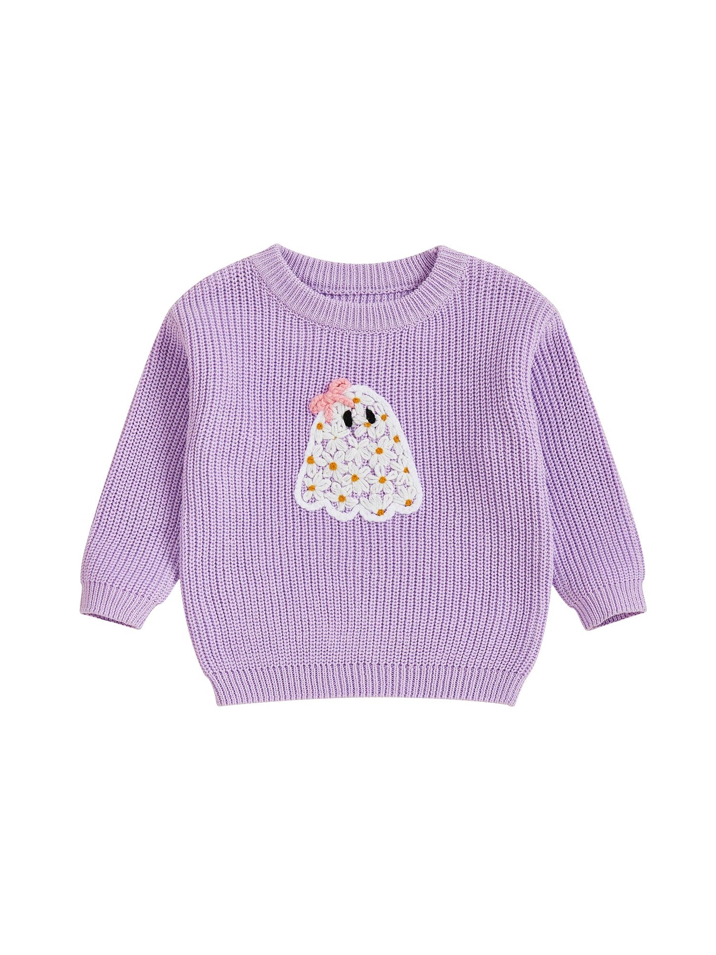Baby Toddler Kids Girl Halloween Sweater Long Sleeve Round Neck Ghost Flower Embroidery Knit Pullover Top