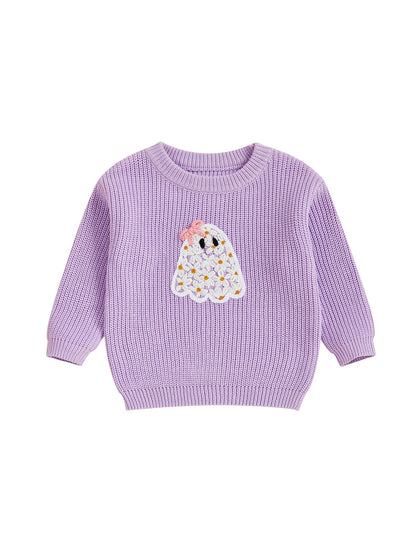 Baby Toddler Kids Girl Halloween Sweater Long Sleeve Round Neck Ghost Flower Embroidery Knit Pullover Top