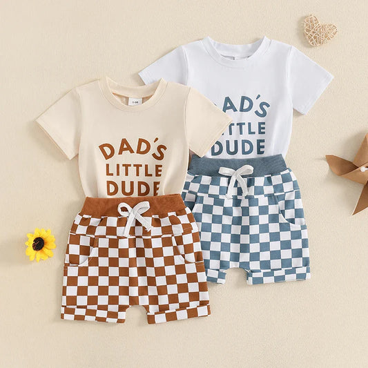 Baby Toddler Boys 2Pcs Dad's Little Dude Summer Outfit Letter Print Short Sleeve T-Shirt Top and Elastic Checkered Print Shorts Set