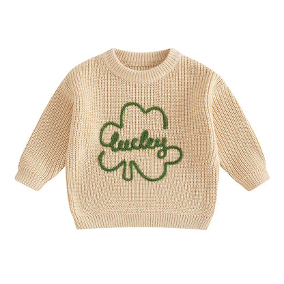 Baby Toddler Kids Boys Girls Lucky Knit Sweater Long Sleeve Round Neck Shamrock Letter Embroidery Pullover Spring St. Patrick's Day Top