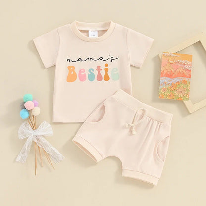 Baby Toddler Girls Boys 2Pcs Mama's Bestie Clothes Set Short Sleeve Letters Print Top with Elastic Waist Shorts Spring Summer Outfit