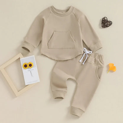 Toddler Baby Boy Girl 2Pcs Set Crewneck Solid Color Long Sleeve Top with Pocket Jogger Pants Outfit