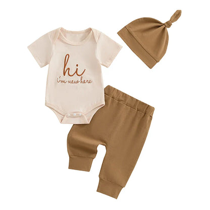 Baby Girl Boy 3Pcs Hi I'm New Here Outfit Letter Embroidery Short Sleeve Romper Elastic Waist Long Pants Hat Clothes Set