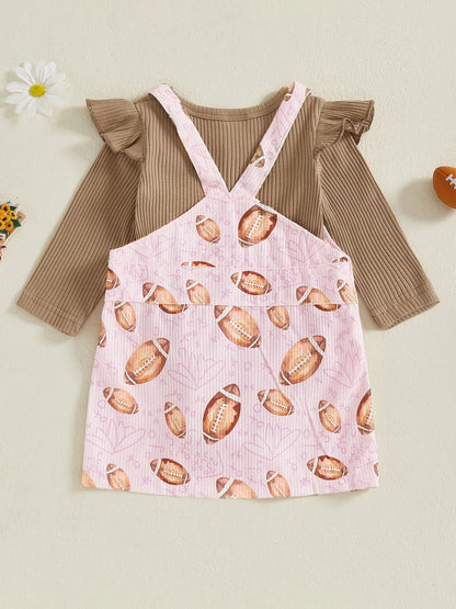 Baby Toddler Girls 2Pcs Fall Outfit Long Sleeve Romper + Football Print Overall Dress Set Clothes