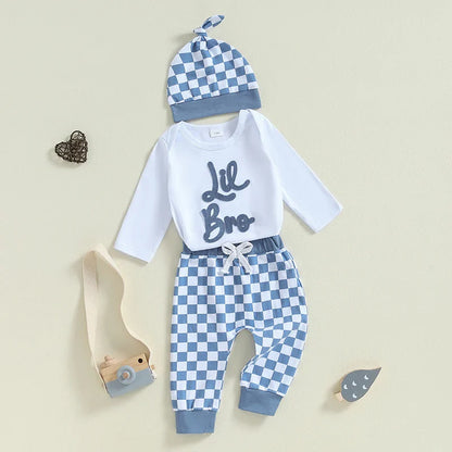 Baby Boys Girls 3Pcs Lil Bro / Sis Fall Outfit Letter Embroidery Long Sleeve Romper Checkered Print Pants Beanie Hat Set