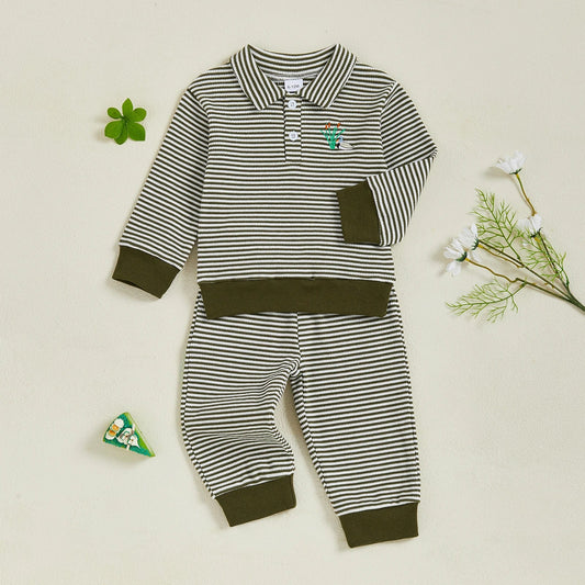 Baby Toddler Boys 2Pcs Long Sleeve Embroidery Duck Top with Striped Pants Infant Clothes Set