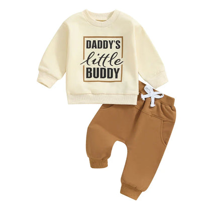 Baby Toddler Boys 2Pcs Daddy's Little Buddy Fall Outfit Letter Print Long Sleeve Round Neck Top and Solid Color Pants Set