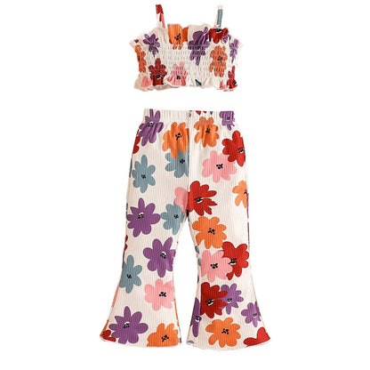 Baby Toddler Kids Girls 2Pcs Summer Sleeveless Tank Top Ruched Floral Flower Print Camisole Flared Matching Long Pants Set Outfit