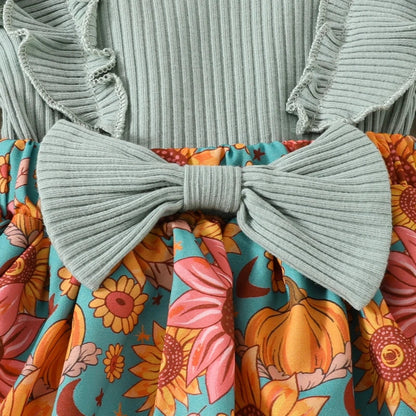 Baby Toddler Girls 2Pcs Fall Outfit Flower Print Ruffle Trim Long Sleeve Romper Dress Skirt Bow Headband Set