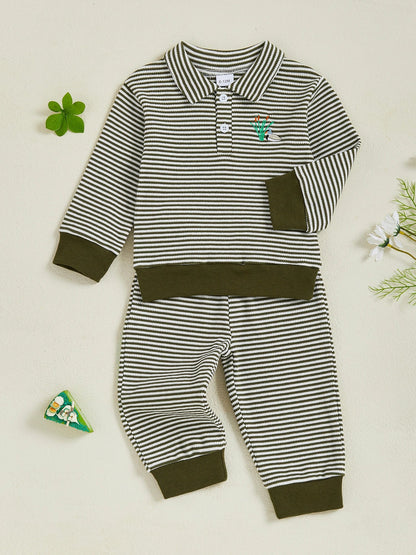 Baby Toddler Boys 2Pcs Long Sleeve Embroidery Duck Top with Striped Pants Infant Clothes Set