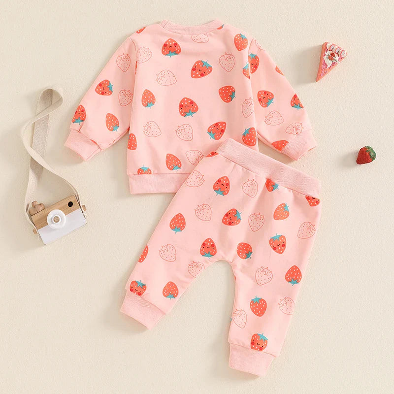 Baby Toddler Girls 2Pcs Fall Strawberry Print Outfit Long Sleeve Top Elastic Waist Pants with Pockets Set